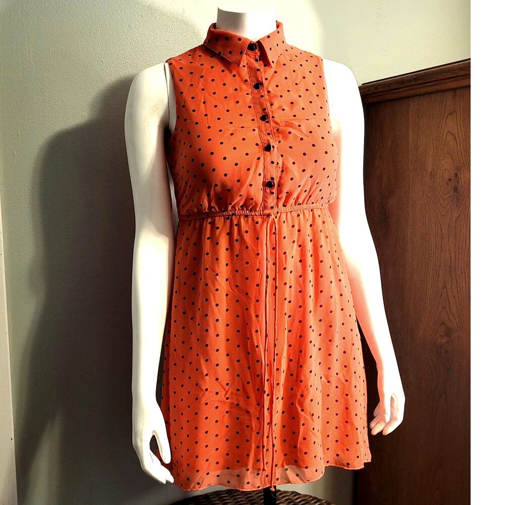 Y2K Orange Polka Dot Mini Dress Sleeveless Skater Tween Twee Small Mallcore